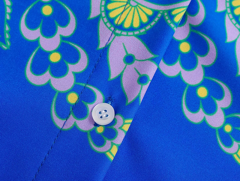 Fashion Blue Printed Lapel Button-down Shirt  Woven,Blouses
