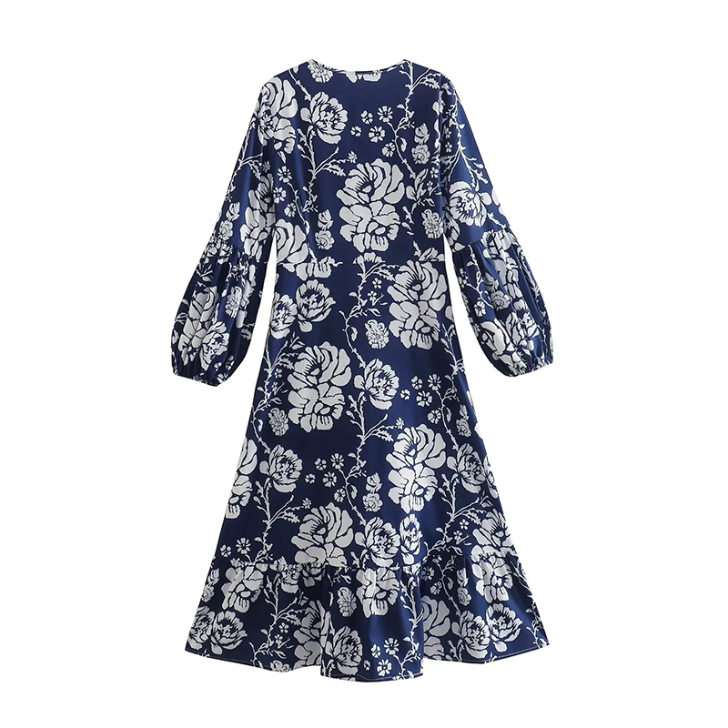 Fashion Blue Square Neck Print Dress  Woven,Long Dress
