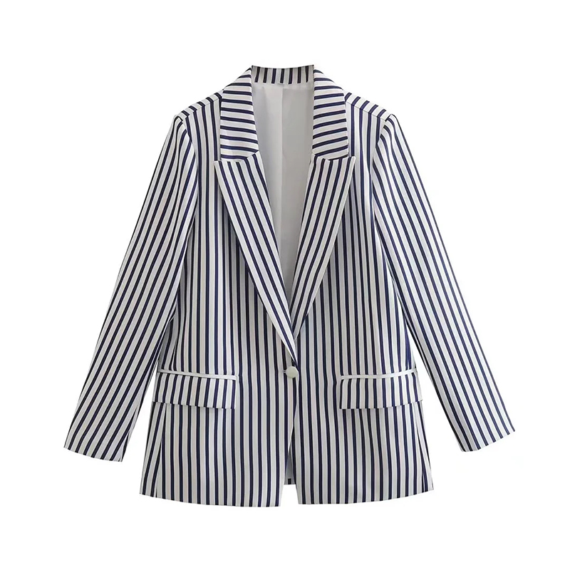 Fashion Blue Woven Striped Pocket Blazer  Woven,Coat-Jacket