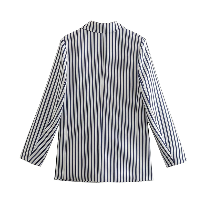 Fashion Blue Woven Striped Pocket Blazer  Woven,Coat-Jacket