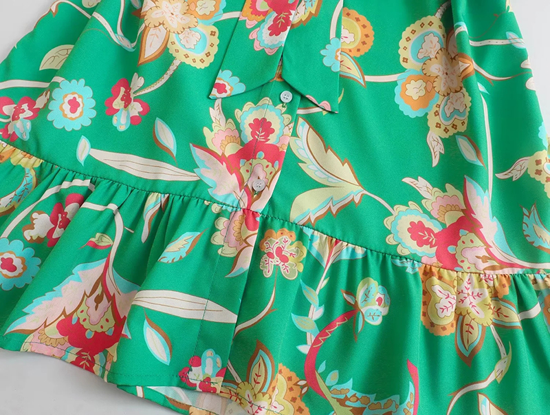 Fashion Green Woven Print Lace-up Dress  Woven,Mini & Short Dresses