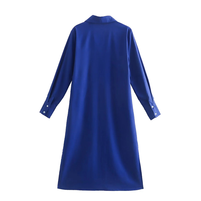 Fashion Blue Woven V-neck Lapel Dress,Long Dress
