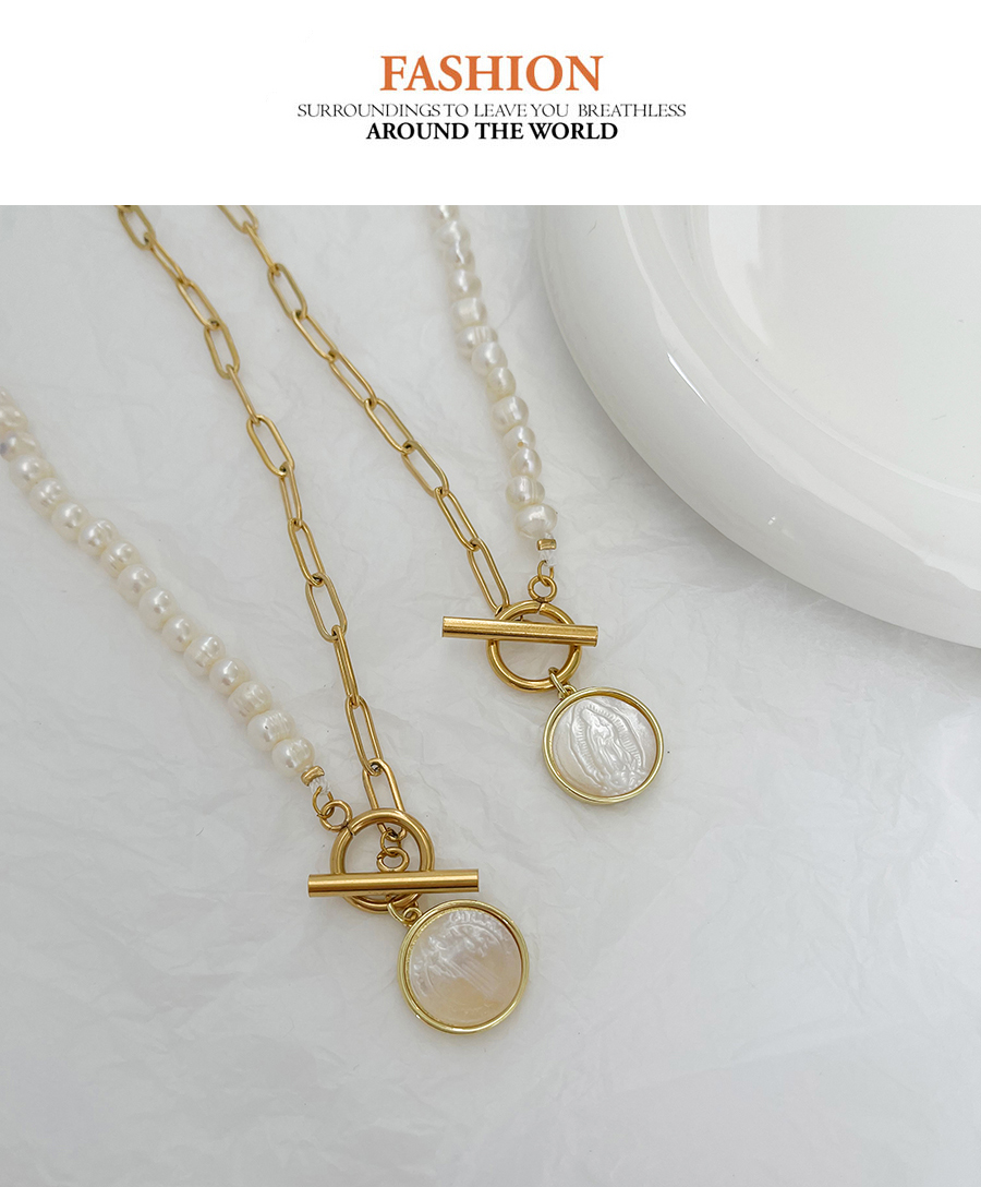 Fashion Gold Titanium Beaded Pearl Portrait Shell Ot Pendant Necklace,Necklaces