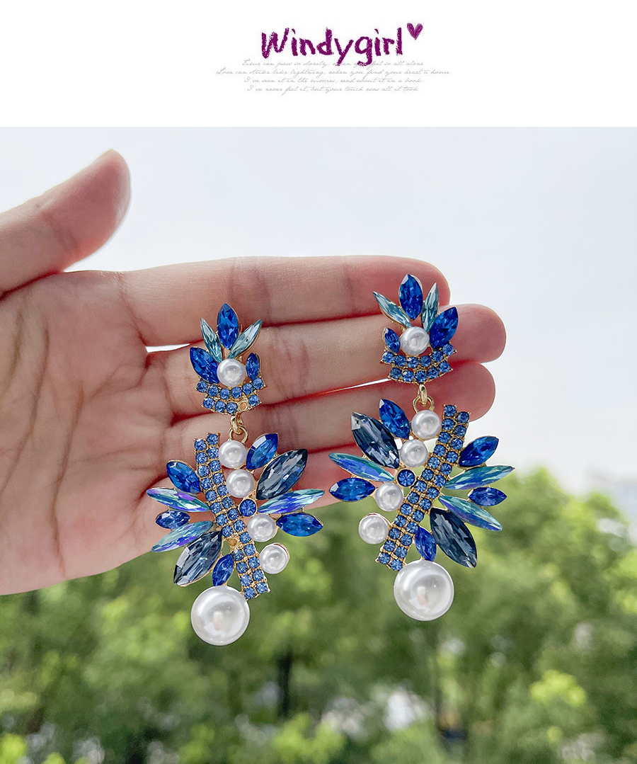Fashion Blue Alloy Diamond Pearl Geometric Stud Earrings,Stud Earrings