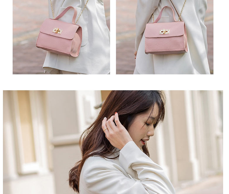 Fashion Pink Pu Lizard Pattern Lock Flap Diagonal Bag,Shoulder bags