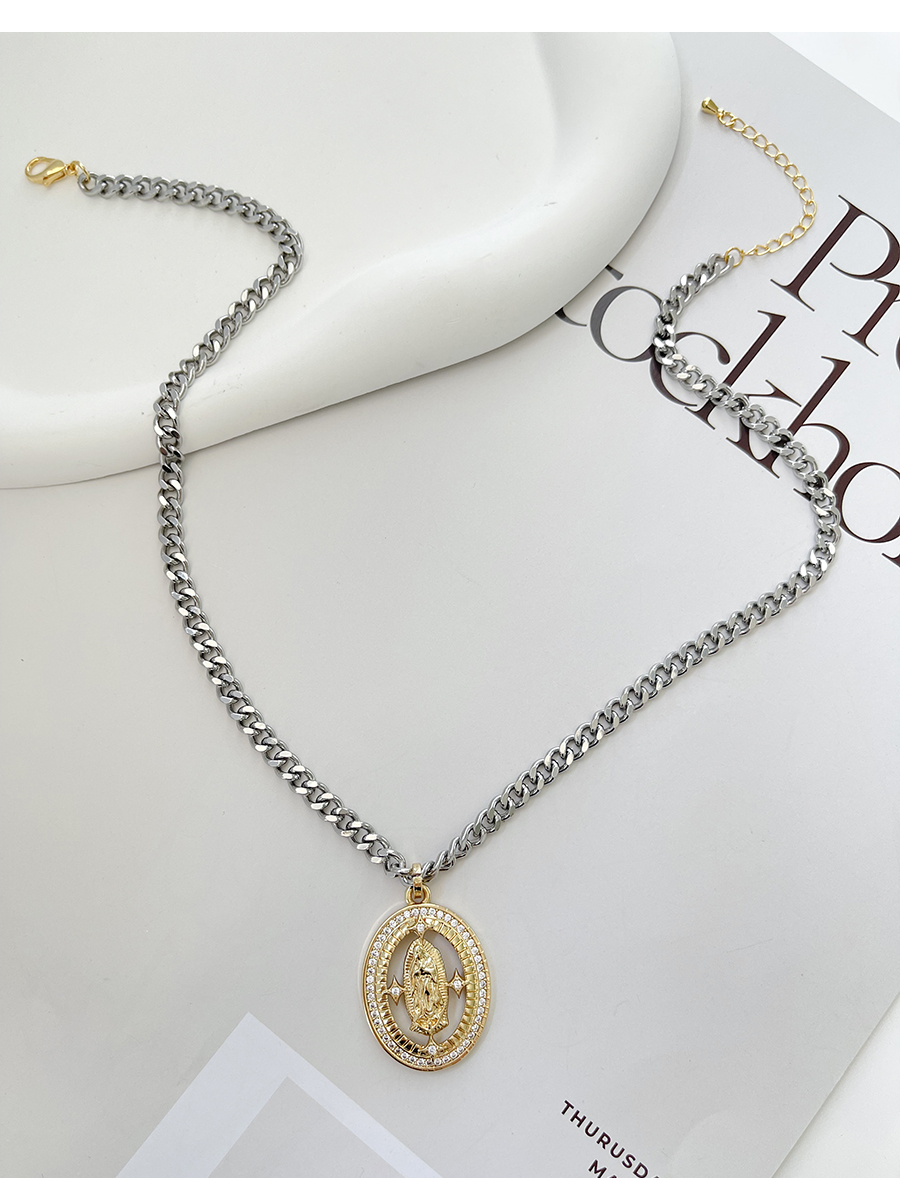 Fashion Gold-3 Bronze Zircon Bold Chain Portrait Pendant Necklace,Necklaces