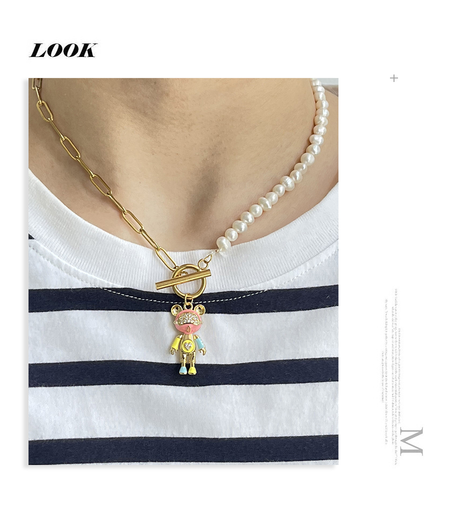 Fashion Color Bronze Zircon Drop Oil Bear Pendant And Pearl Chain Necklace,Necklaces
