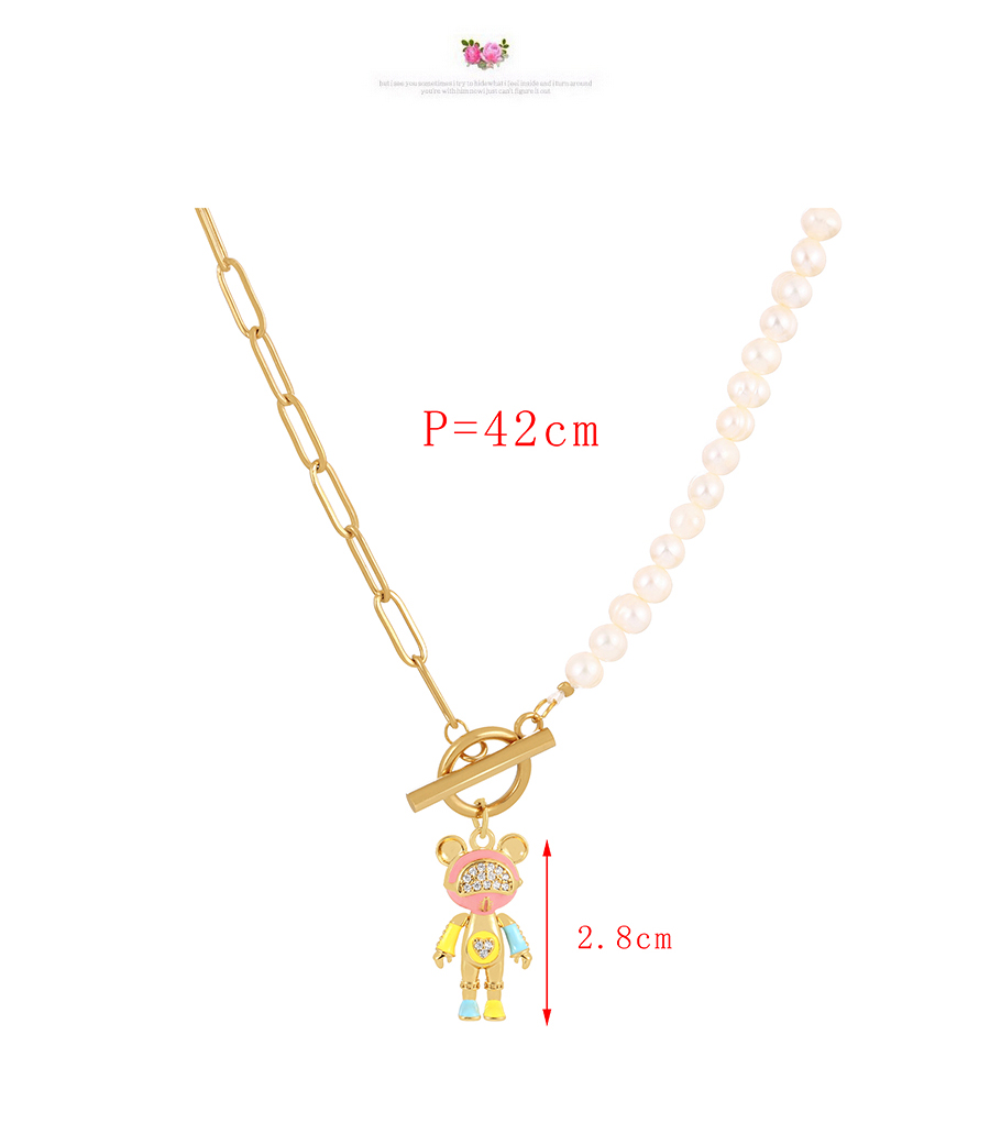Fashion Color Bronze Zircon Drop Oil Bear Pendant And Pearl Chain Necklace,Necklaces