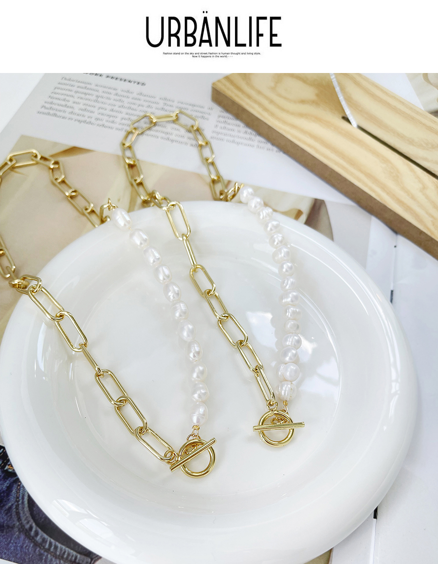 Fashion Gold Copper Pearl Beaded Stitching Chain Ot Buckle Necklace,Necklaces