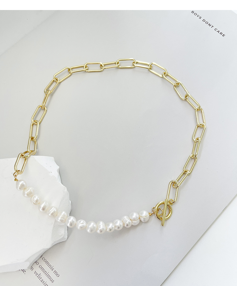 Fashion Gold-2 Copper Pearl Beaded Stitching Chain Ot Buckle Necklace,Necklaces
