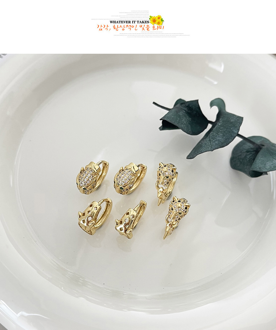 Fashion Gold-3 Bronze Zircon Panther Head Earrings,Earrings