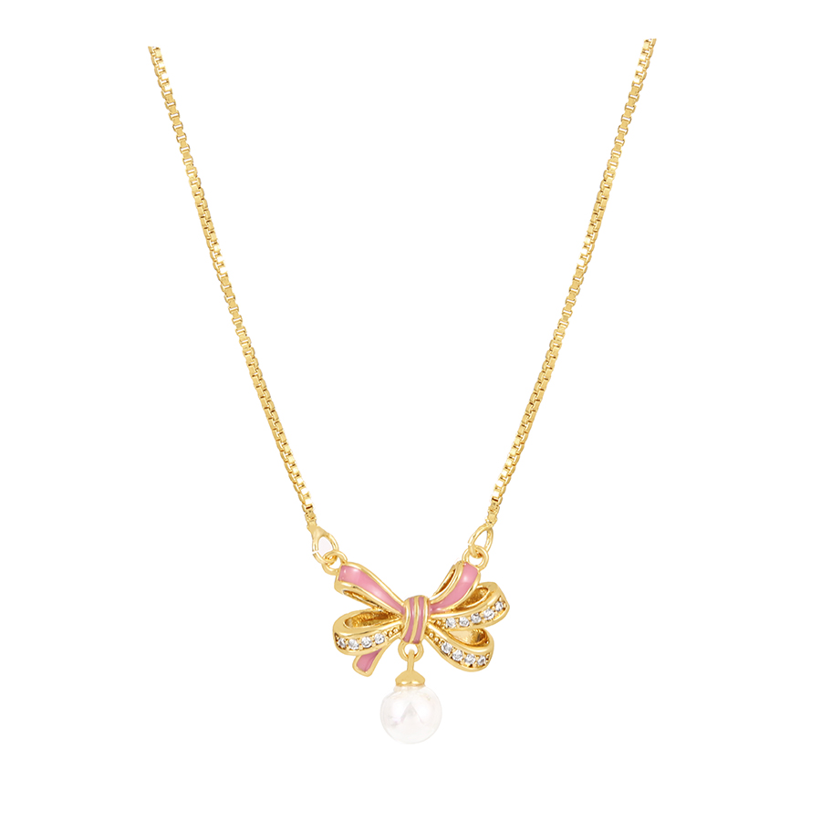 Fashion Gold-2 Bronze Zircon Drop Oil Bow Pearl Pendant Necklace,Necklaces