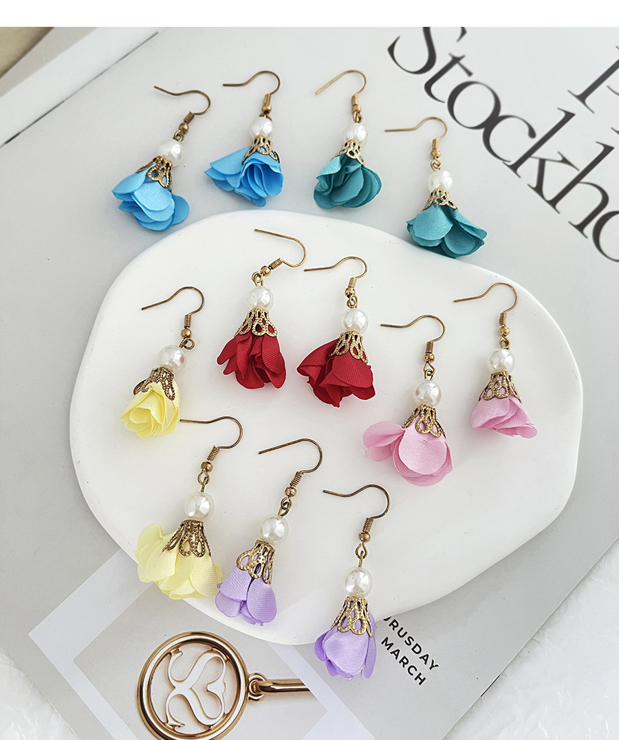Fashion Yellow Alloy Pearl Fabric Flower Earrings,Drop Earrings
