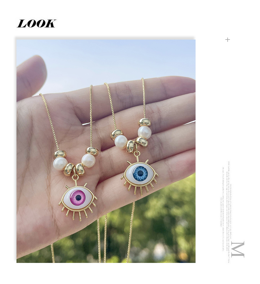 Fashion Pink Copper Drop Oil Eye Pearl Pendant Necklace,Necklaces