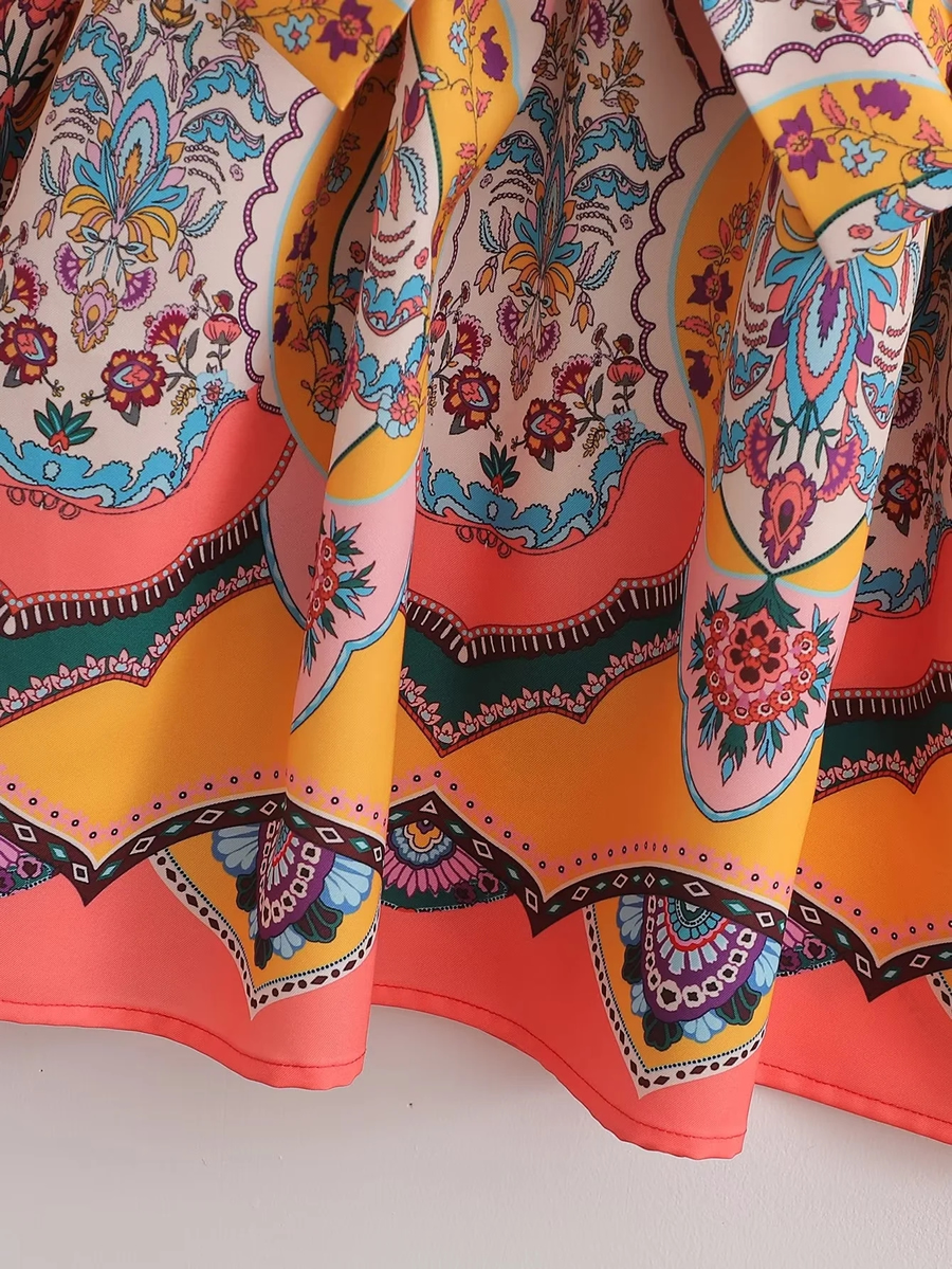 Fashion Pink Geometric Print Lace-up V-neck Dress,Mini & Short Dresses