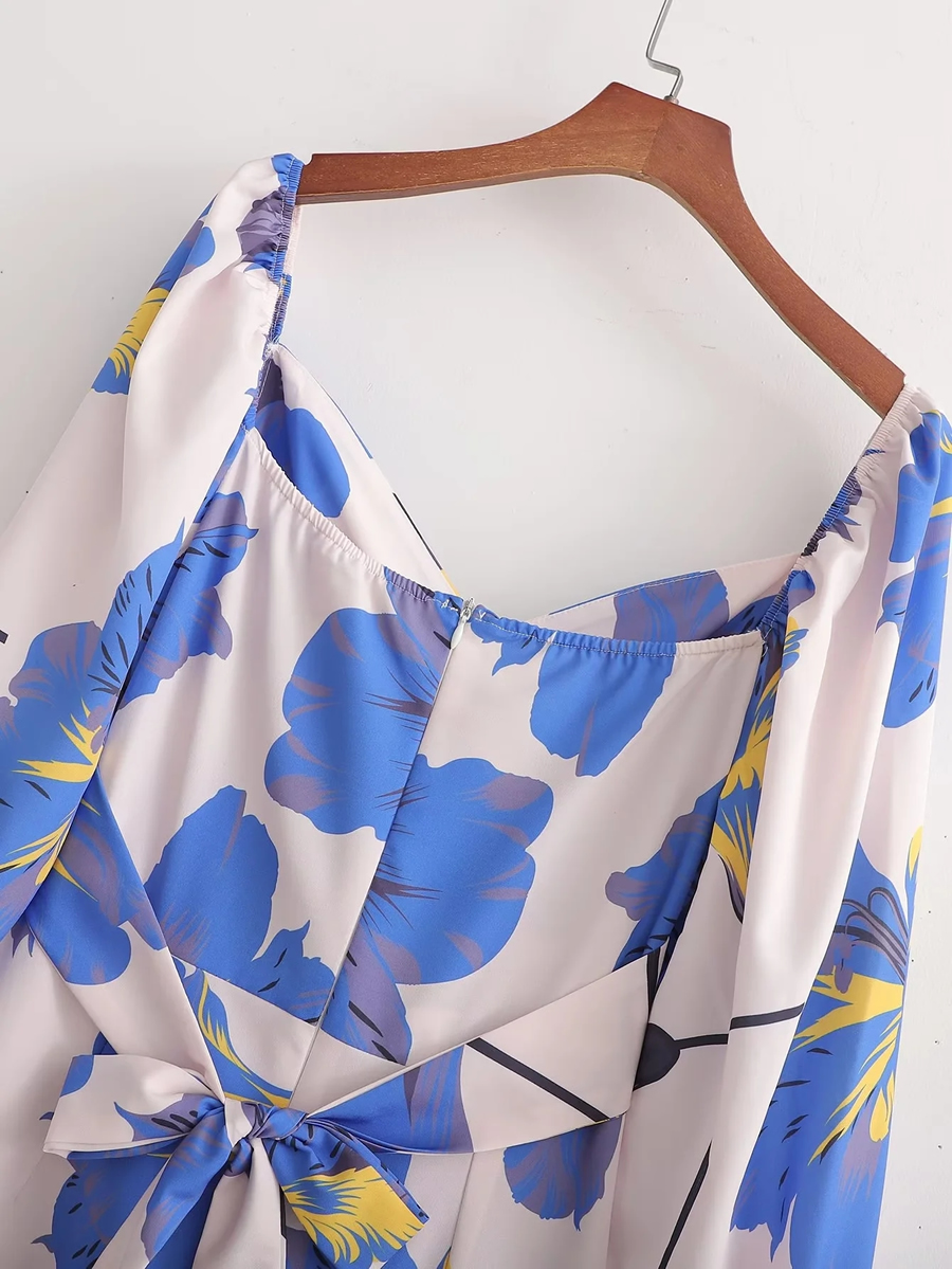 Fashion Blue Geometric Print Cutout Dress,Long Dress