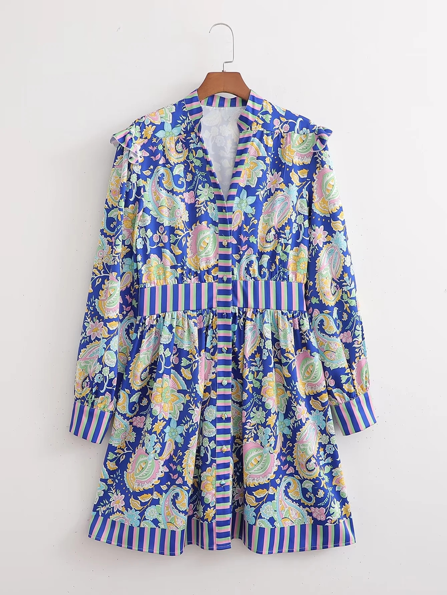 Fashion Blue Satin-print V-neck Dress,Mini & Short Dresses
