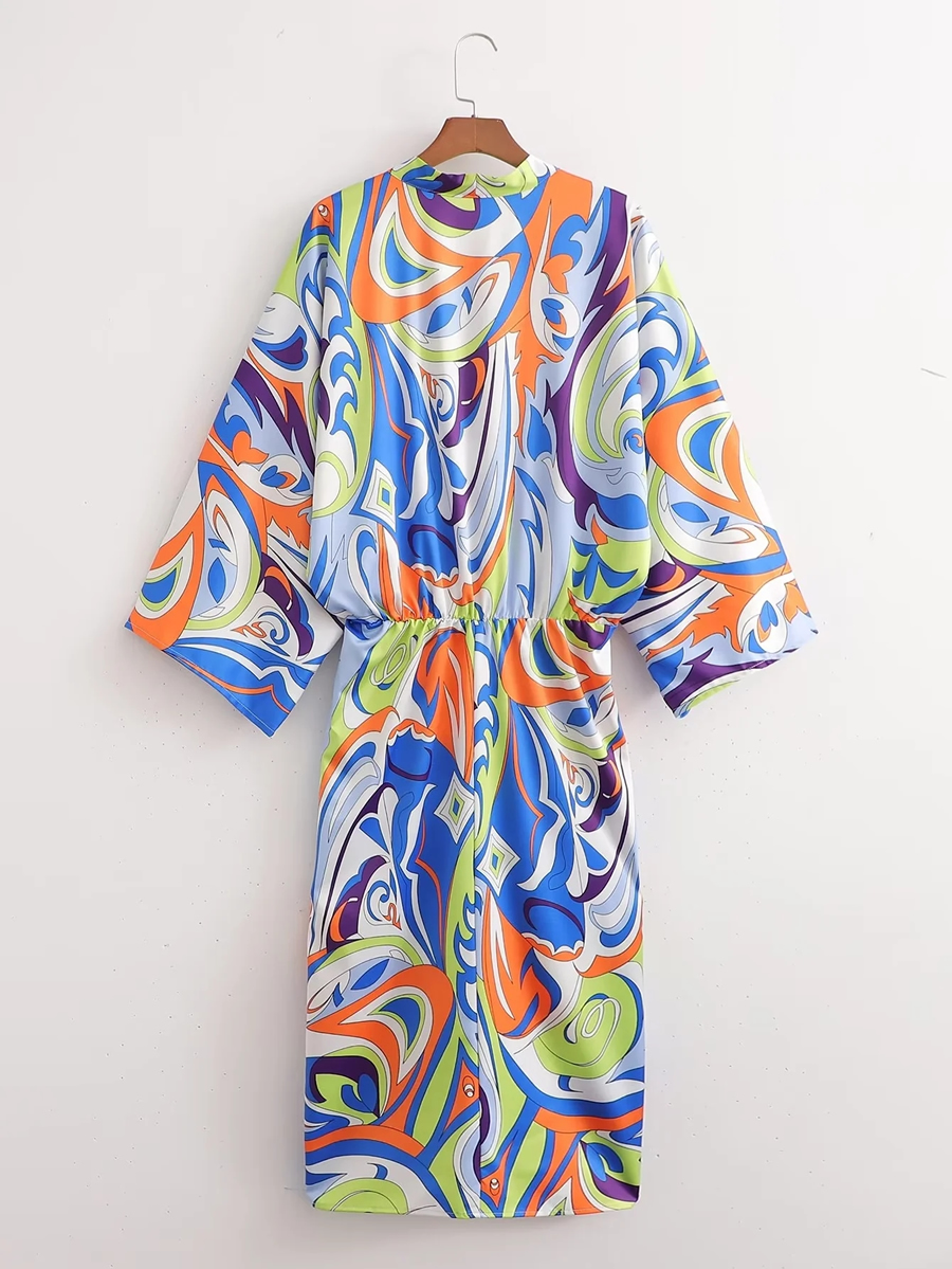 Fashion Color Geometric Print Knotted V-neck Dress,Long Dress