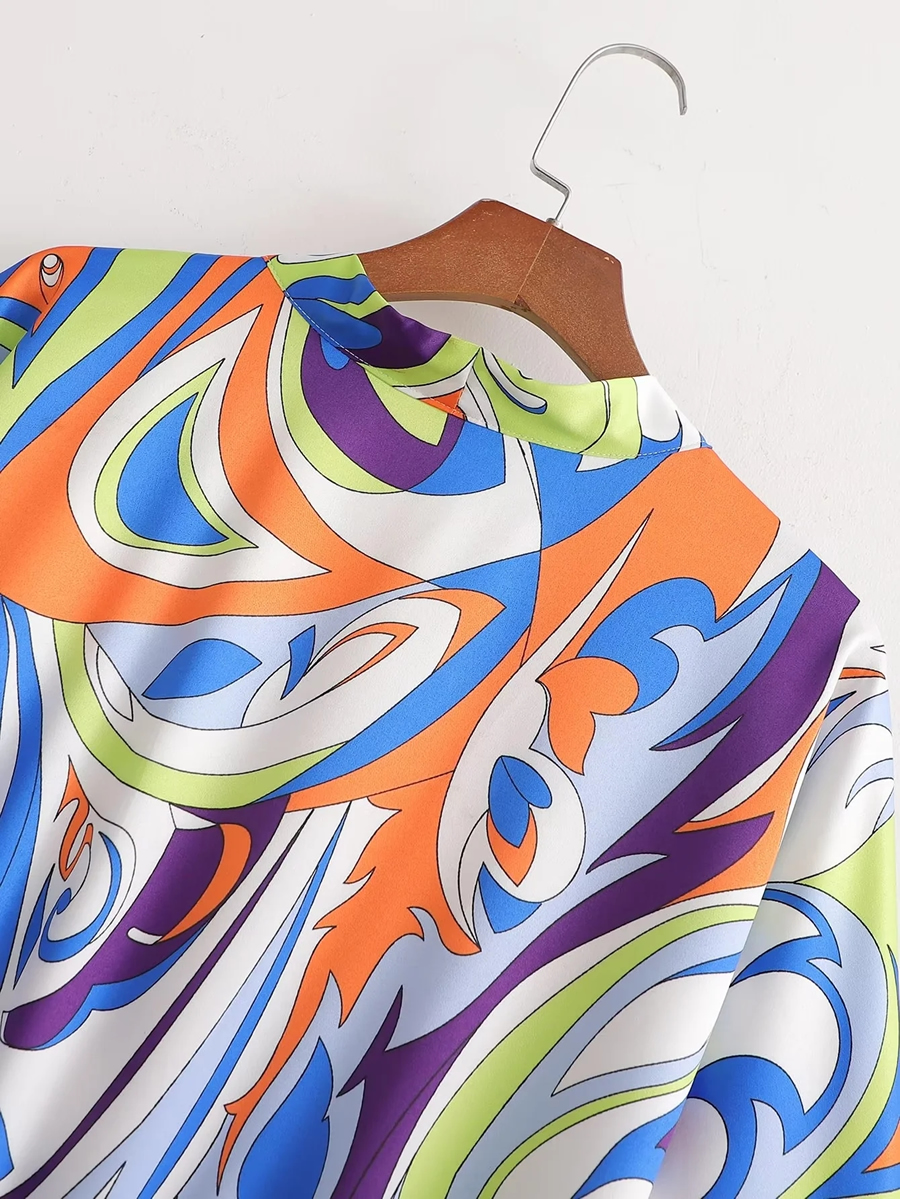 Fashion Color Geometric Print Knotted V-neck Dress,Long Dress