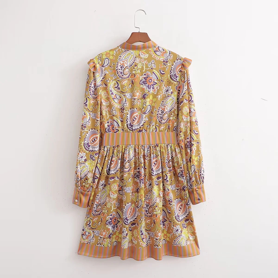 Fashion Yellow Satin-print V-neck Dress,Mini & Short Dresses