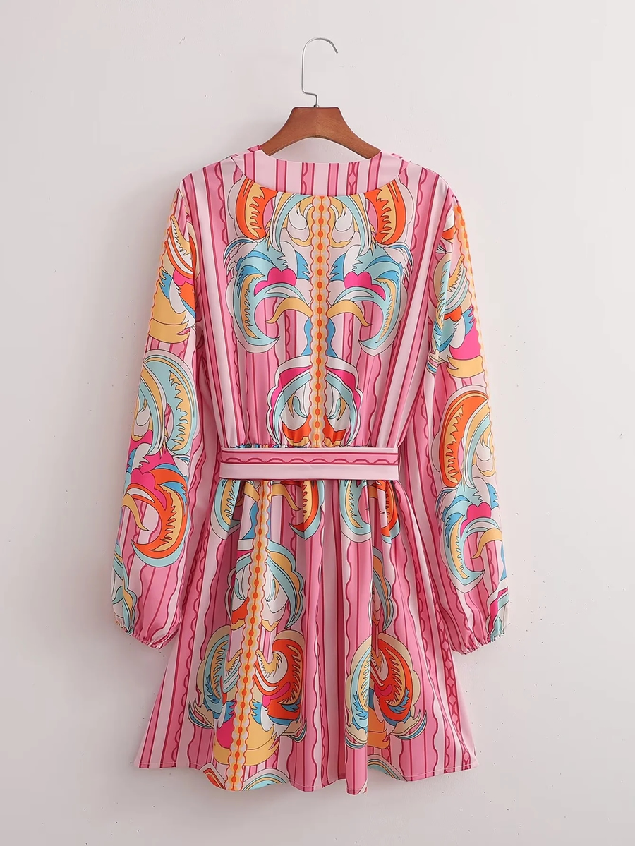 Fashion Pink Geometric Print Lace-up V-neck Dress,Mini & Short Dresses