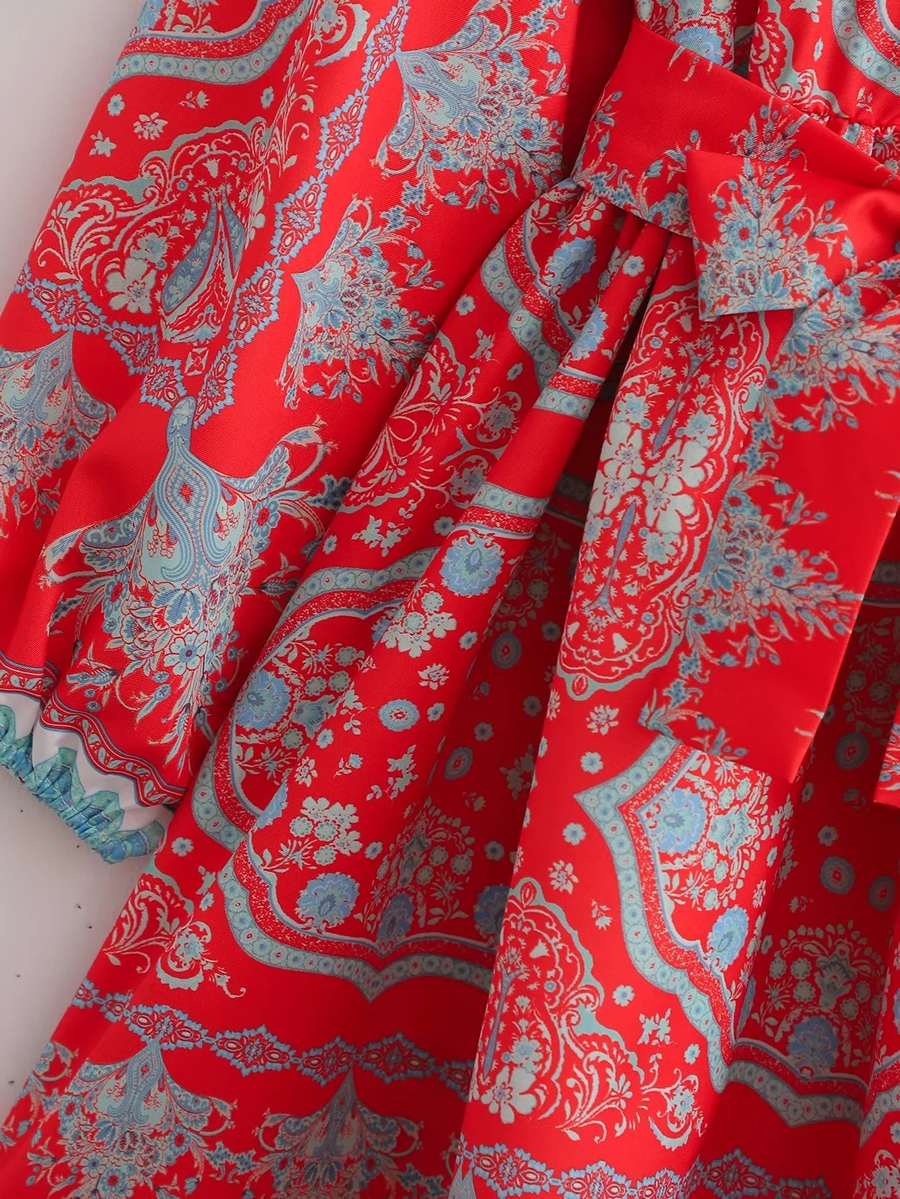 Fashion Red Geometric Print Lace-up V-neck Dress,Mini & Short Dresses