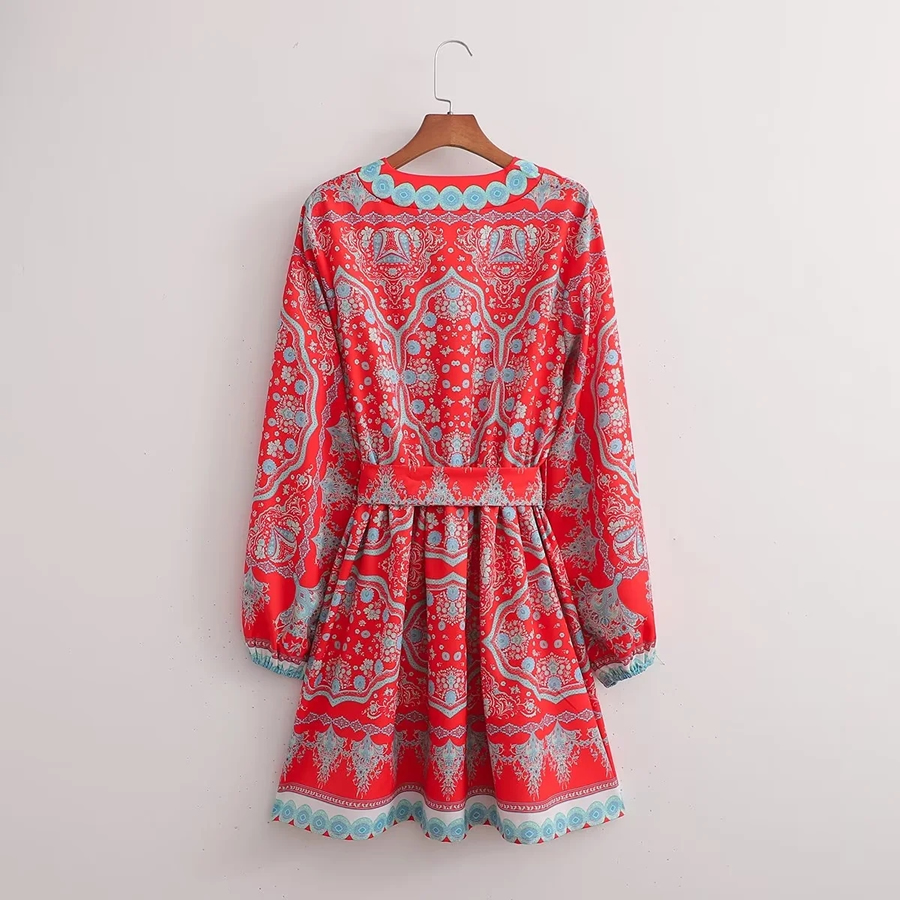Fashion Red Geometric Print Lace-up V-neck Dress,Mini & Short Dresses