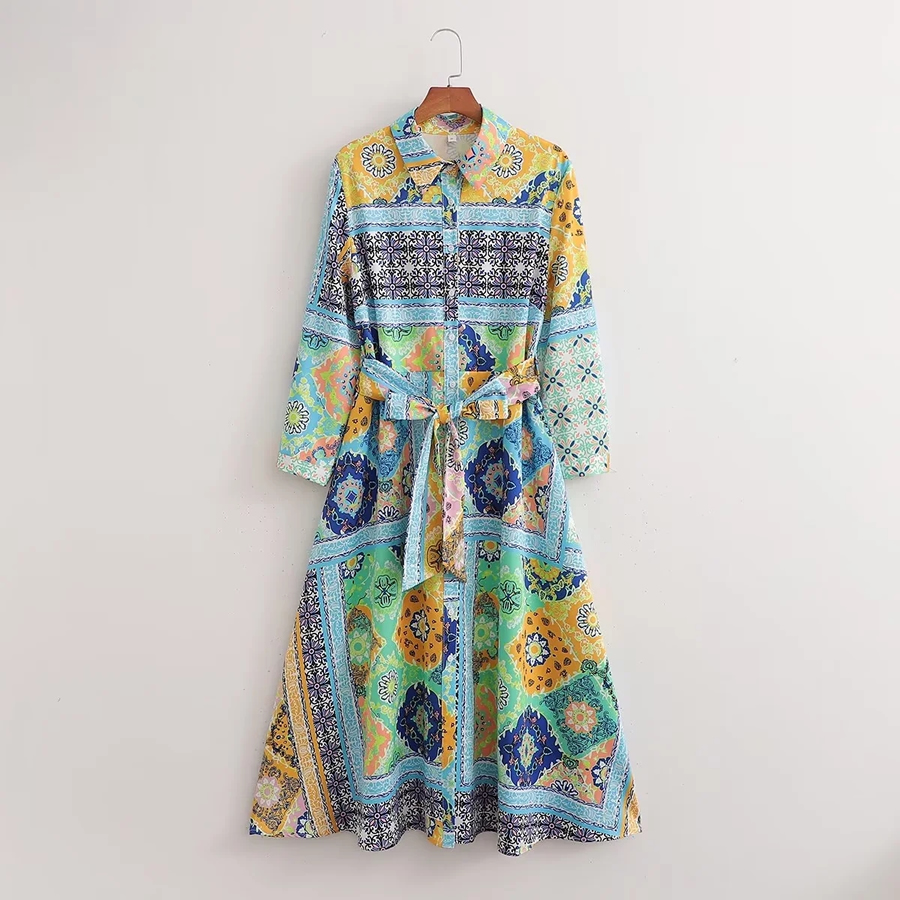 Fashion Color Geometric Print Lace-up V-neck Dress,Long Dress