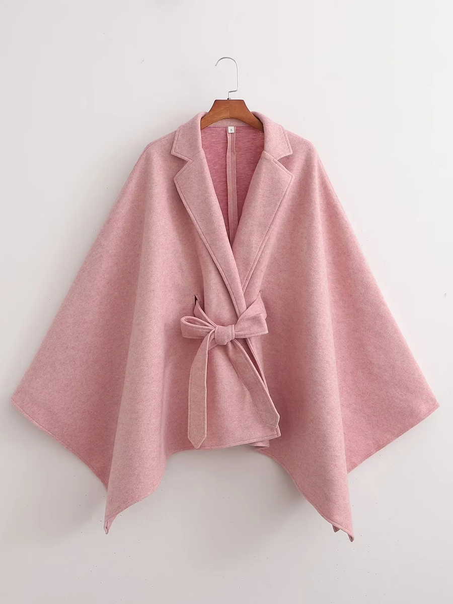 Fashion Pink Woolen Knotted Cape Coat,Coat-Jacket