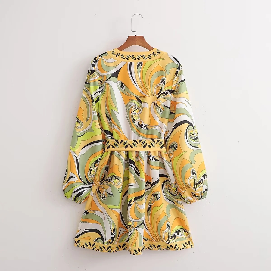 Fashion Yellow Geometric Print Lace-up V-neck Dress,Mini & Short Dresses