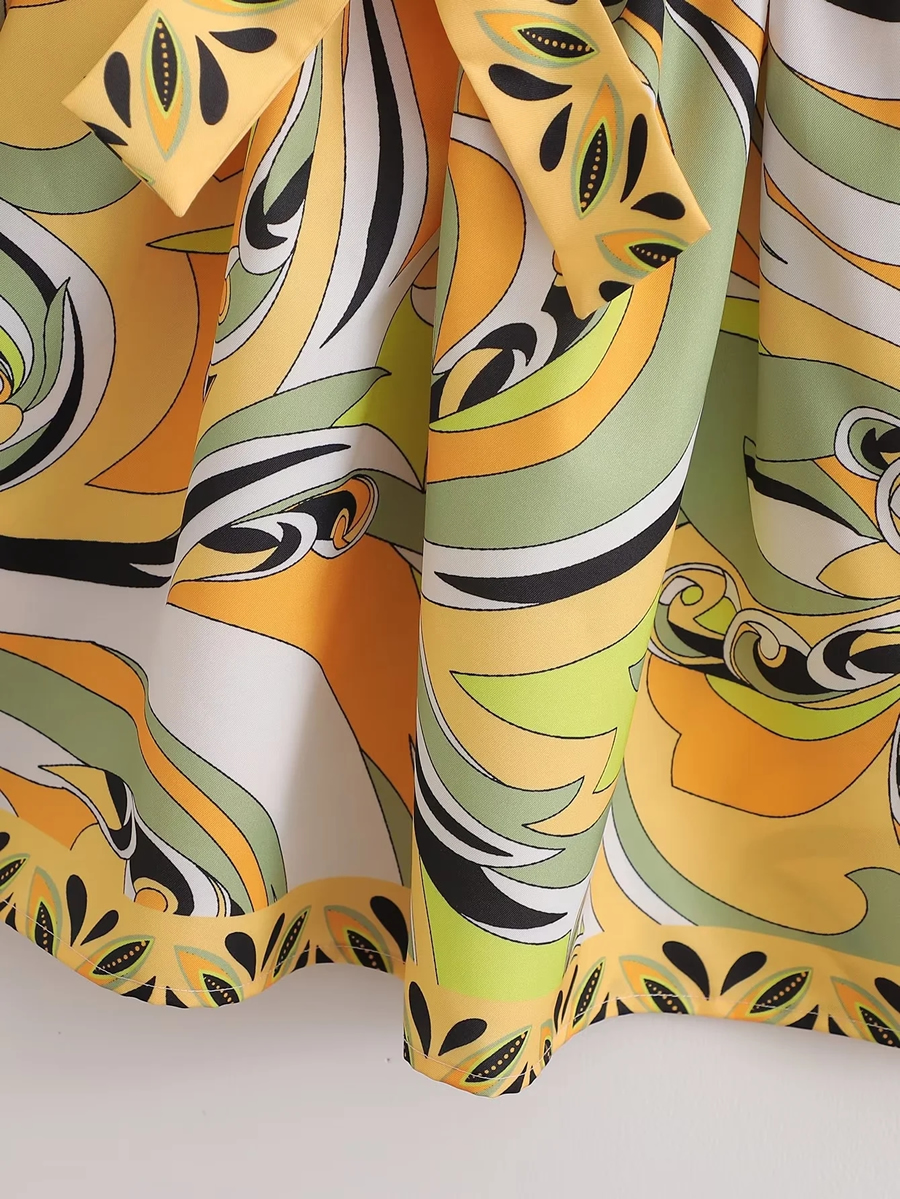 Fashion Yellow Geometric Print Lace-up V-neck Dress,Mini & Short Dresses