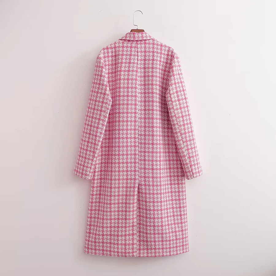 Fashion Pink Woolen Houndstooth Coat,Coat-Jacket