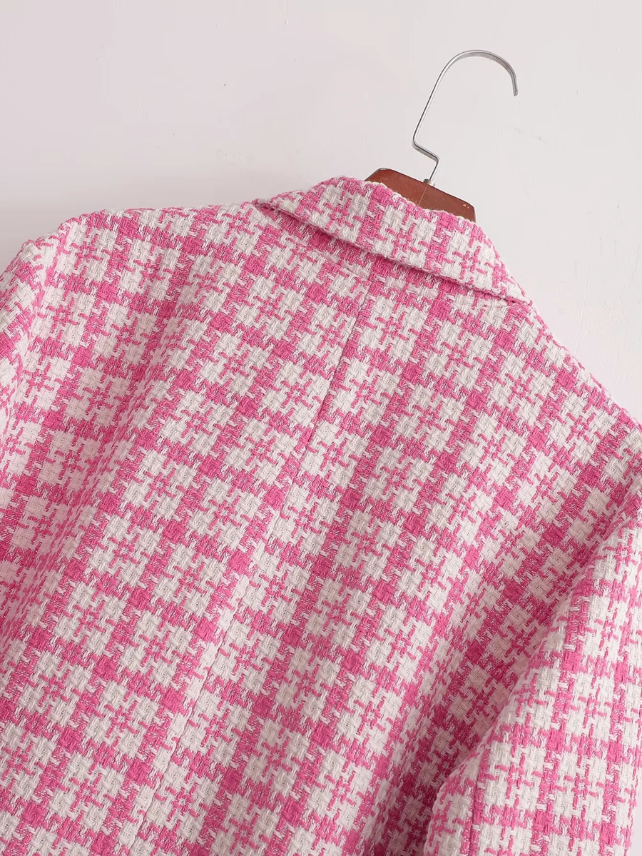 Fashion Pink Woolen Houndstooth Coat,Coat-Jacket