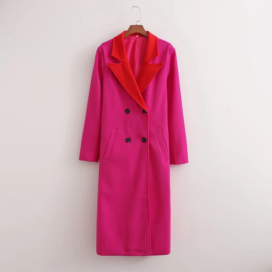 Fashion Rose Red Color-block Double-breasted Coat,Coat-Jacket