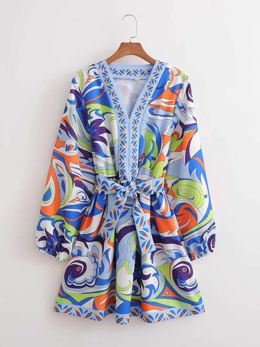 Fashion Blue Geometric Print Lace-up V-neck Dress,Mini & Short Dresses