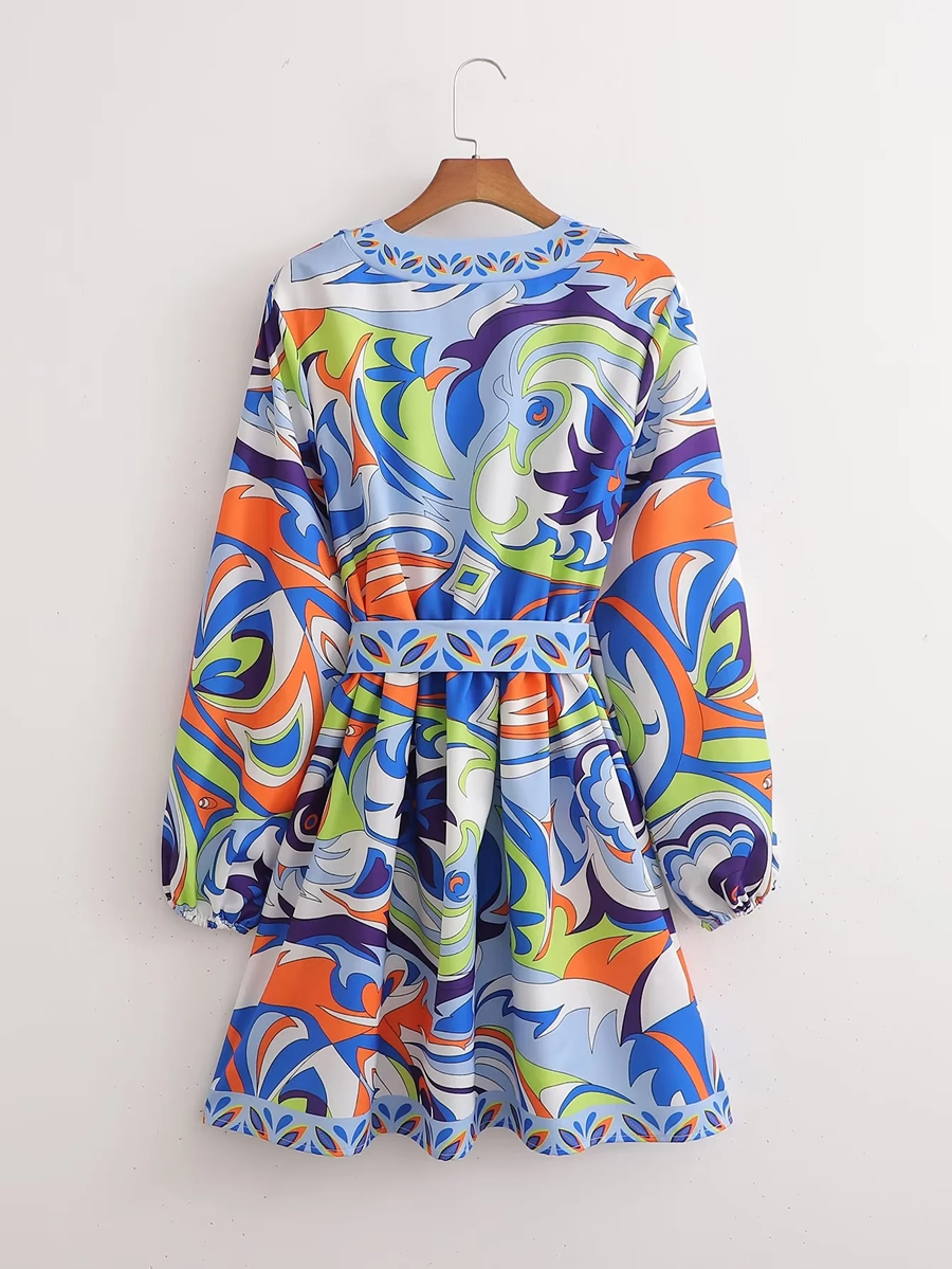 Fashion Blue Geometric Print Lace-up V-neck Dress,Mini & Short Dresses