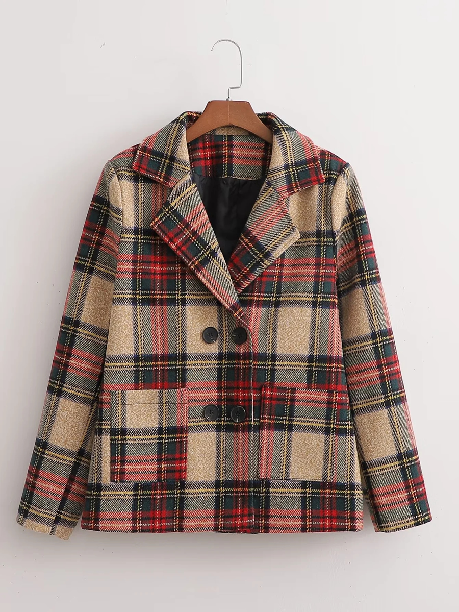 Fashion Plaid Wool Check Double-breasted Coat,Coat-Jacket