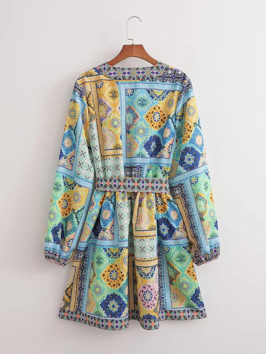 Fashion Color Geometric Print Lace-up V-neck Dress,Mini & Short Dresses