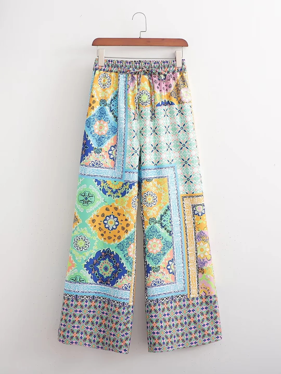 Fashion Color Satin-print Straight-leg Trousers,Pants