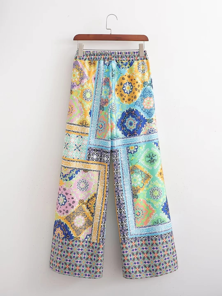 Fashion Color Satin-print Straight-leg Trousers,Pants