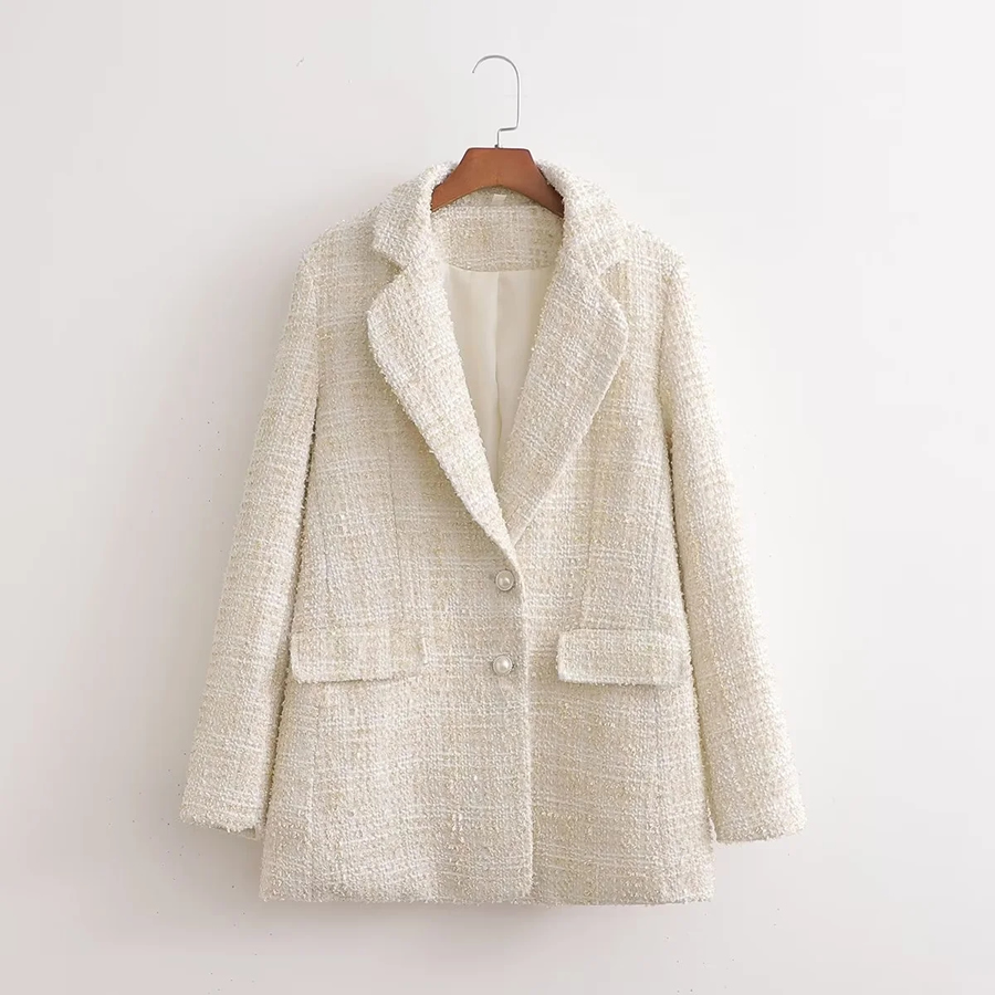 Fashion White Woolen Pocket Blazer,Coat-Jacket