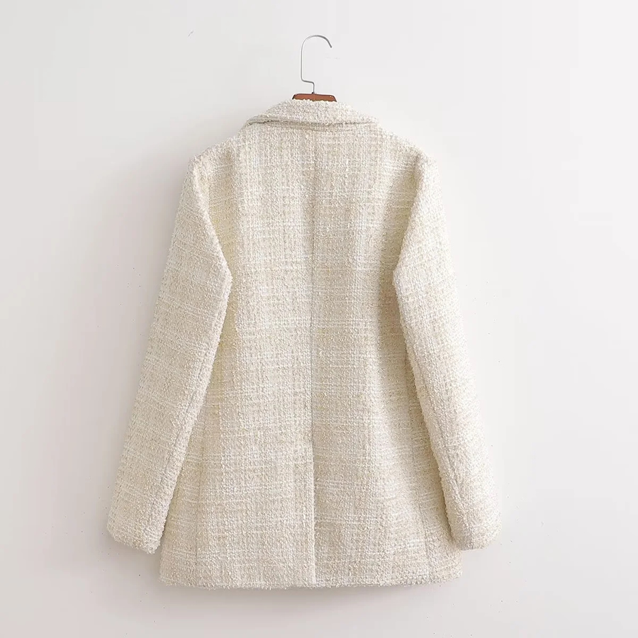 Fashion White Woolen Pocket Blazer,Coat-Jacket
