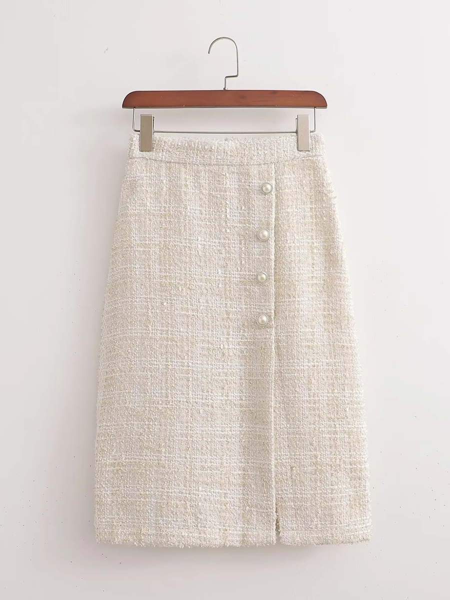 Fashion White Duffel-breasted Slit Skirt,Skirts