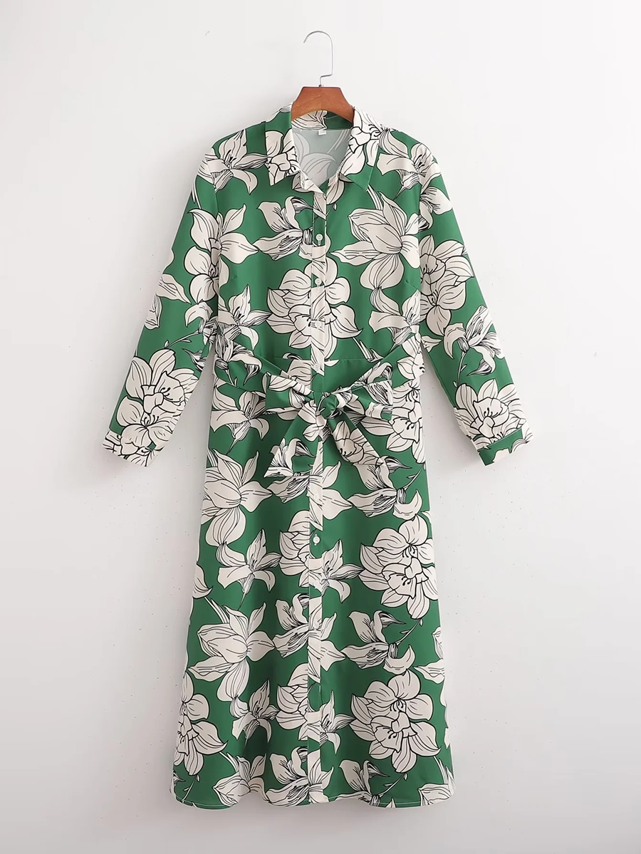 Fashion Green Stretch Print Lace-up Dress,Long Dress