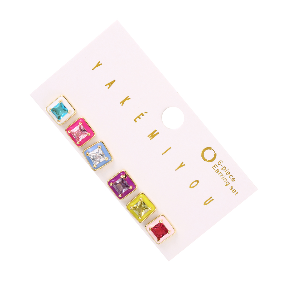 Fashion Color Set Of 6 Brass And Zircon Contrast Square Stud Earrings,Earring Set