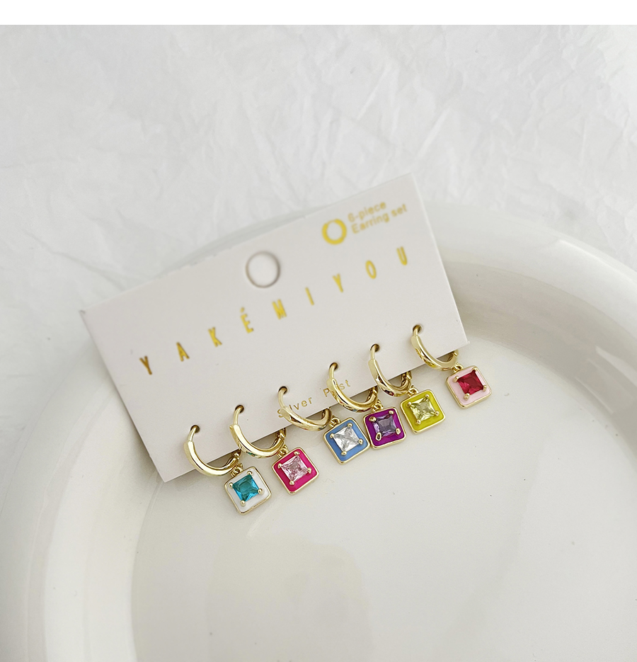 Fashion Color Set Of 6 Copper Inlaid Zircon Contrast Square Earrings,Jewelry Set