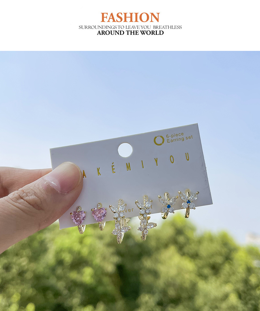 Fashion Gold 6-piece Set Of Copper Inlaid Zircon Flower Heart Earrings,Jewelry Set