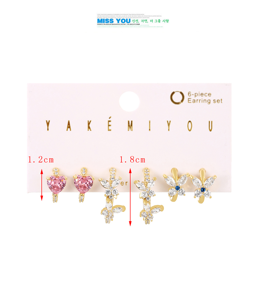 Fashion Gold 6-piece Set Of Copper Inlaid Zircon Flower Heart Earrings,Jewelry Set
