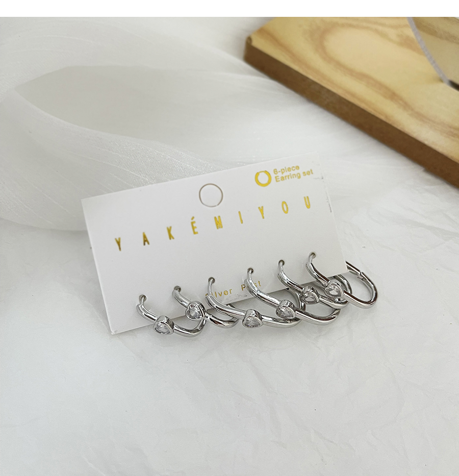 Fashion Silver 6-piece Set Of Copper Inlaid Zircon Heart Earrings,Jewelry Set