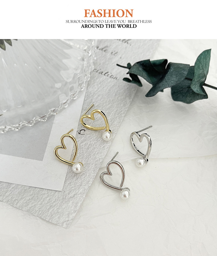 Fashion Silver Copper Pearl Heart Stud Earrings,Earrings